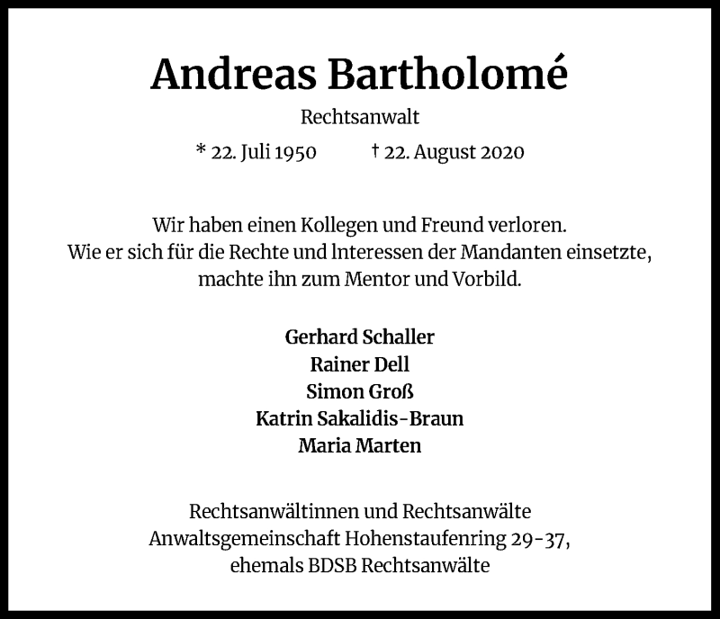  Traueranzeige für Andreas Bartholomé vom 29.08.2020 aus Kölner Stadt-Anzeiger / Kölnische Rundschau / Express