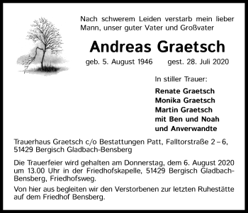 Anzeige von Andreas Graetsch von Kölner Stadt-Anzeiger / Kölnische Rundschau / Express