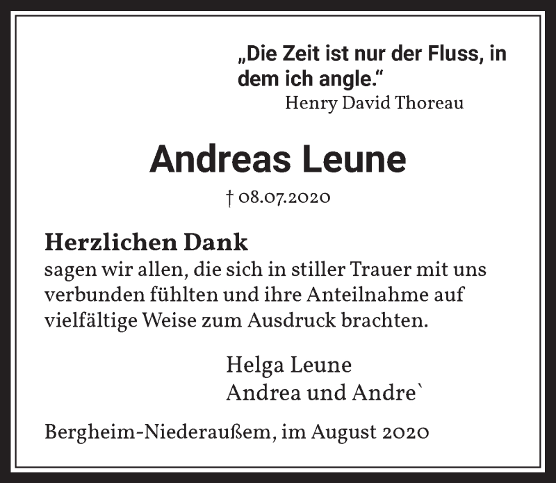  Traueranzeige für Andreas Leune vom 28.08.2020 aus  Werbepost 
