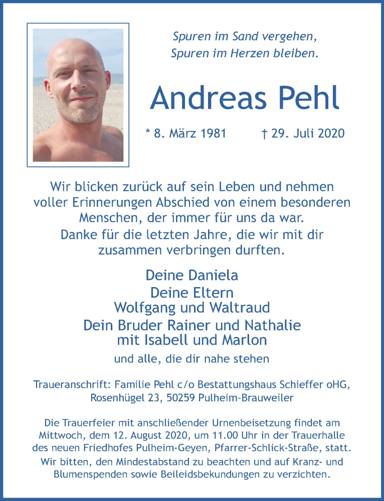  Traueranzeige für Andreas Pehl vom 07.08.2020 aus  Wochenende 