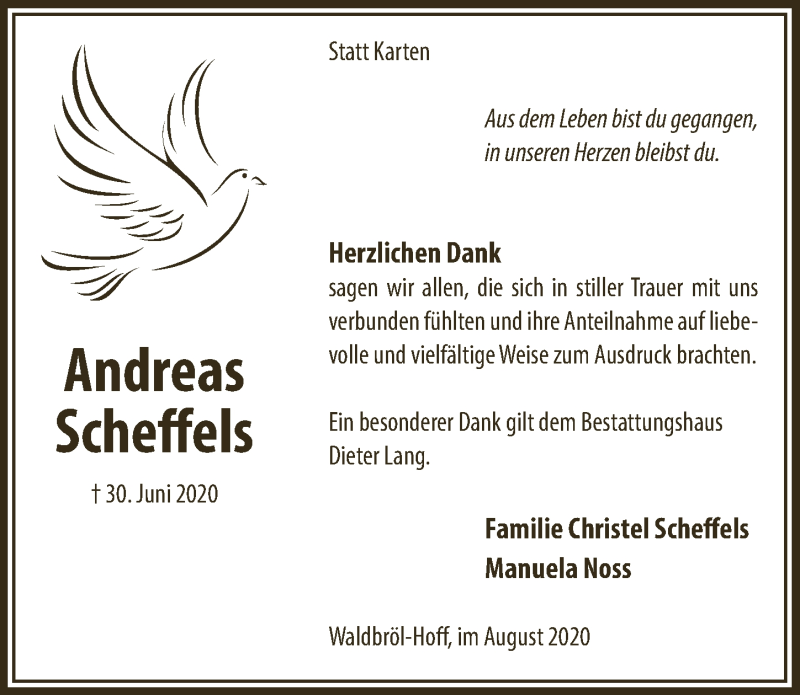  Traueranzeige für Andreas Scheffels vom 21.08.2020 aus  Lokalanzeiger 