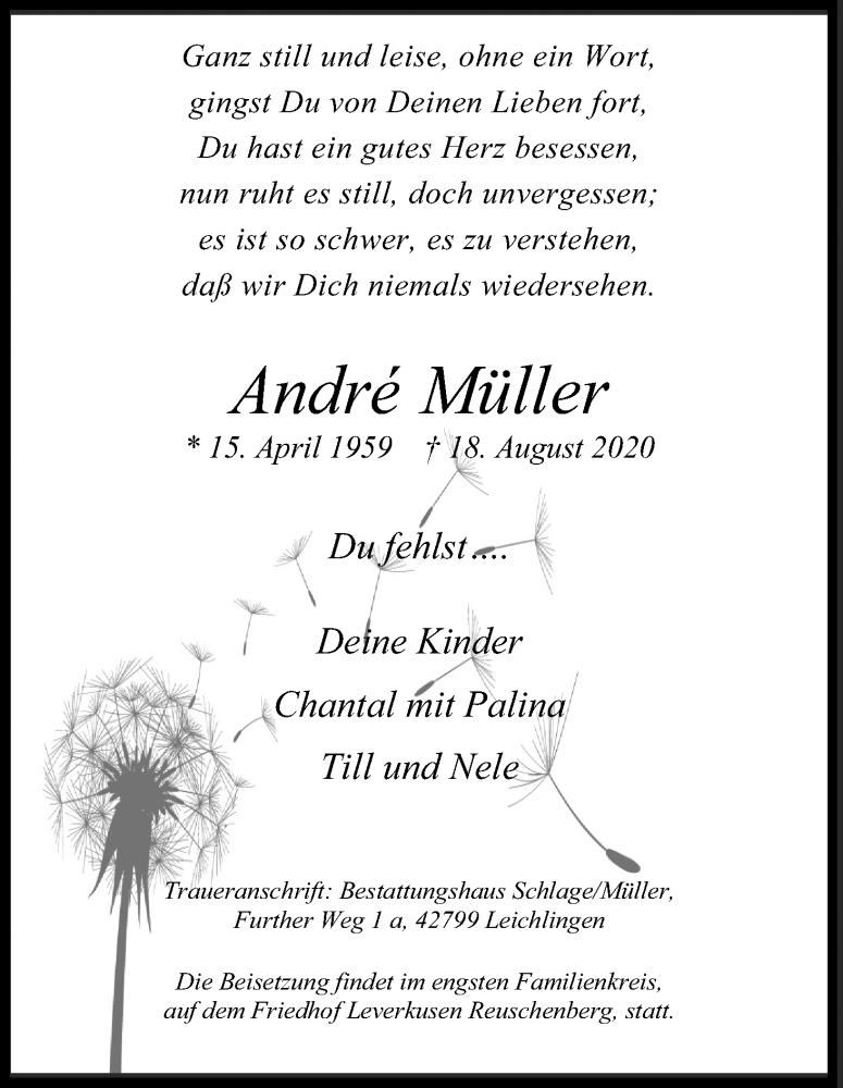  Traueranzeige für André Müller vom 22.08.2020 aus Kölner Stadt-Anzeiger / Kölnische Rundschau / Express