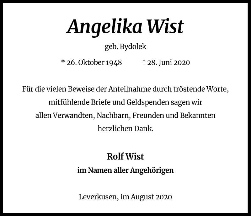  Traueranzeige für Angelika Wist vom 15.08.2020 aus Kölner Stadt-Anzeiger / Kölnische Rundschau / Express