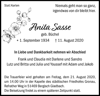 Anzeige von Anita Sasse von Kölner Stadt-Anzeiger / Kölnische Rundschau / Express