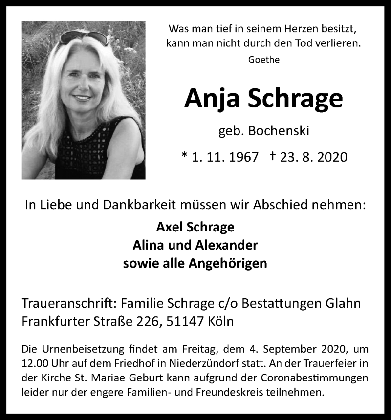  Traueranzeige für Anja Schrage vom 29.08.2020 aus Kölner Stadt-Anzeiger / Kölnische Rundschau / Express