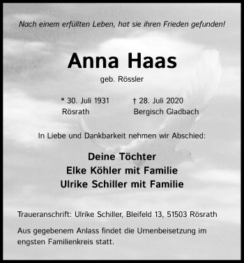Anzeige von Anna Haas von Kölner Stadt-Anzeiger / Kölnische Rundschau / Express
