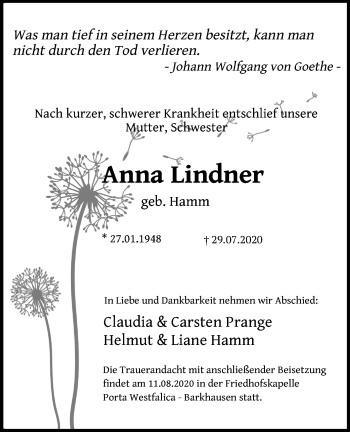 Anzeige von Anna Lindner von Kölner Stadt-Anzeiger / Kölnische Rundschau / Express