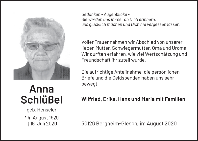  Traueranzeige für Anna Schlüßel vom 21.08.2020 aus  Werbepost 