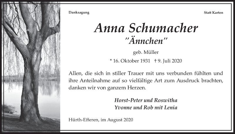  Traueranzeige für Anna Schumacher vom 07.08.2020 aus  Wochenende 