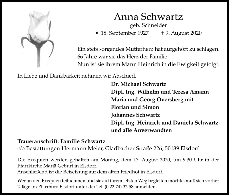  Traueranzeige für Anna Schwartz vom 14.08.2020 aus Kölner Stadt-Anzeiger / Kölnische Rundschau / Express
