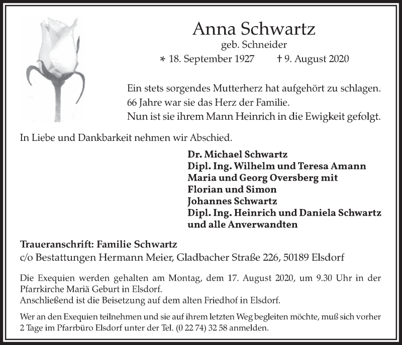  Traueranzeige für Anna Schwartz vom 14.08.2020 aus  Werbepost 