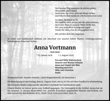 Anzeige von Anna Vortmann von Kölner Stadt-Anzeiger / Kölnische Rundschau / Express