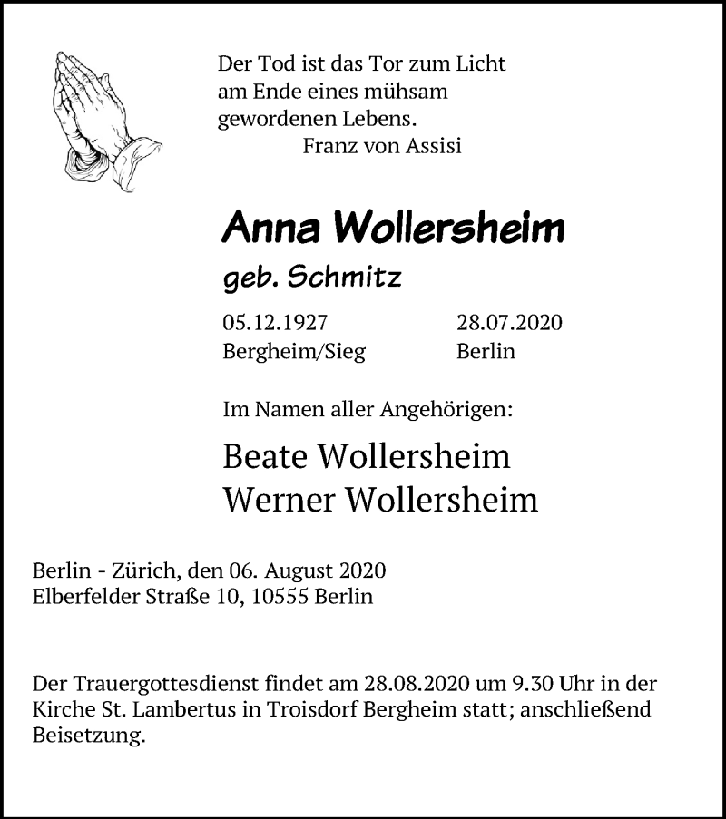  Traueranzeige für Anna Wollersheim vom 08.08.2020 aus Kölner Stadt-Anzeiger / Kölnische Rundschau / Express