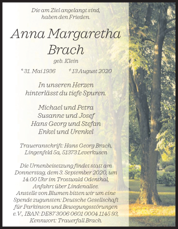 Anzeige von Anna Margaretha Brach von Kölner Stadt-Anzeiger / Kölnische Rundschau / Express
