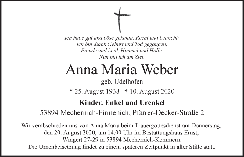  Traueranzeige für Anna Maria Weber vom 15.08.2020 aus  Blickpunkt Euskirchen 
