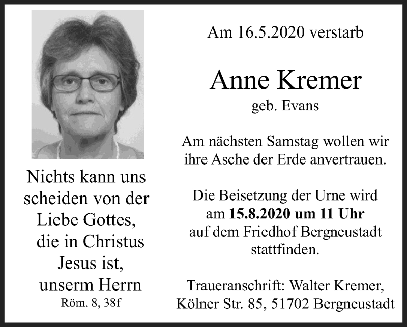 Traueranzeige für Anne Kremer vom 08.08.2020 aus Kölner Stadt-Anzeiger / Kölnische Rundschau / Express