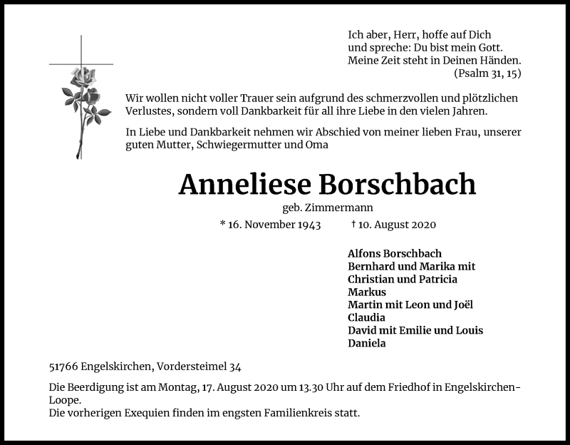  Traueranzeige für Anneliese Borschbach vom 12.08.2020 aus Kölner Stadt-Anzeiger / Kölnische Rundschau / Express