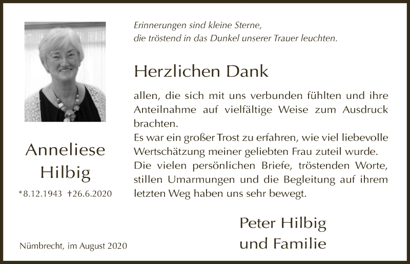  Traueranzeige für Anneliese Hilbig vom 07.08.2020 aus  Lokalanzeiger 