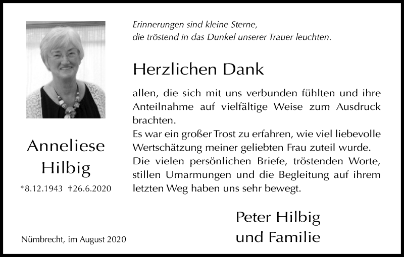  Traueranzeige für Anneliese Hilbig vom 08.08.2020 aus Kölner Stadt-Anzeiger / Kölnische Rundschau / Express