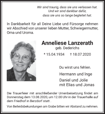 Anzeige von Anneliese Lanzerath von  Schlossbote/Werbekurier 
