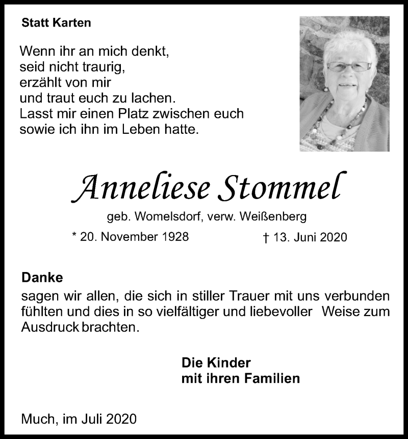  Traueranzeige für Anneliese Stommel vom 01.08.2020 aus Kölner Stadt-Anzeiger / Kölnische Rundschau / Express