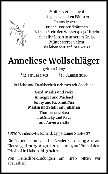 Anzeige von Anneliese Wollschläger von Kölner Stadt-Anzeiger / Kölnische Rundschau / Express