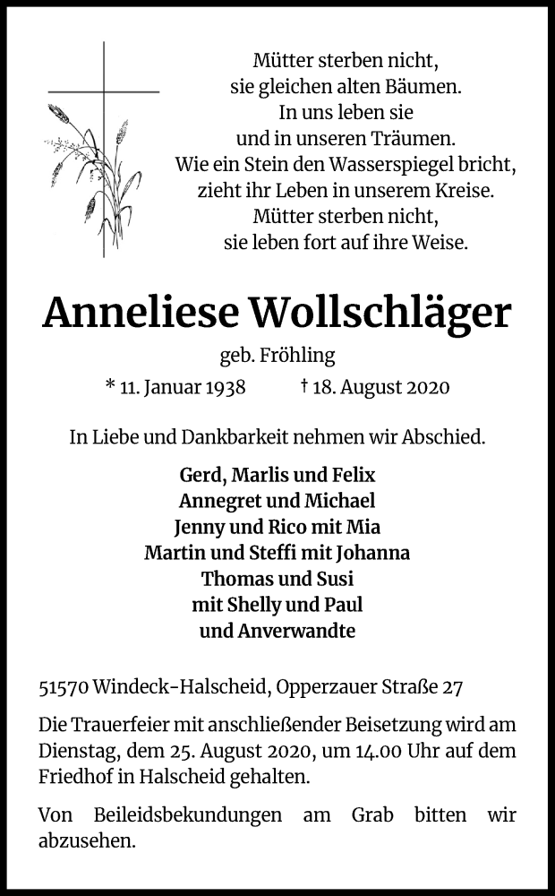  Traueranzeige für Anneliese Wollschläger vom 22.08.2020 aus Kölner Stadt-Anzeiger / Kölnische Rundschau / Express