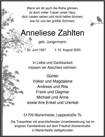 Anzeige von Anneliese Zahlten von  Anzeigen Echo 