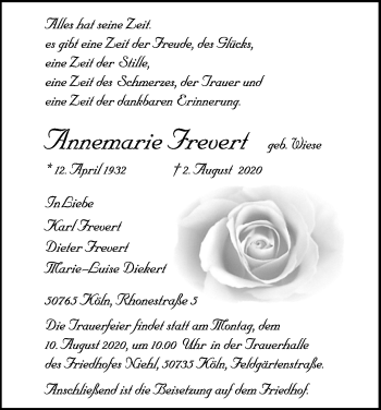Anzeige von Annemarie Frevert von Kölner Stadt-Anzeiger / Kölnische Rundschau / Express