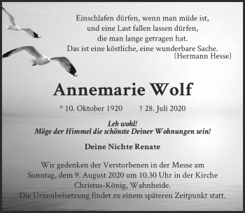 Anzeige von Annemarie Wolf von  Kölner Wochenspiegel 