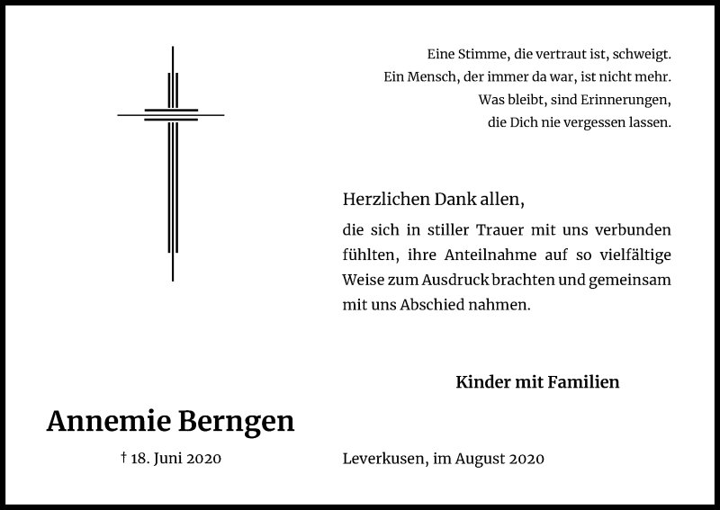  Traueranzeige für Annemie Berngen vom 15.08.2020 aus Kölner Stadt-Anzeiger / Kölnische Rundschau / Express
