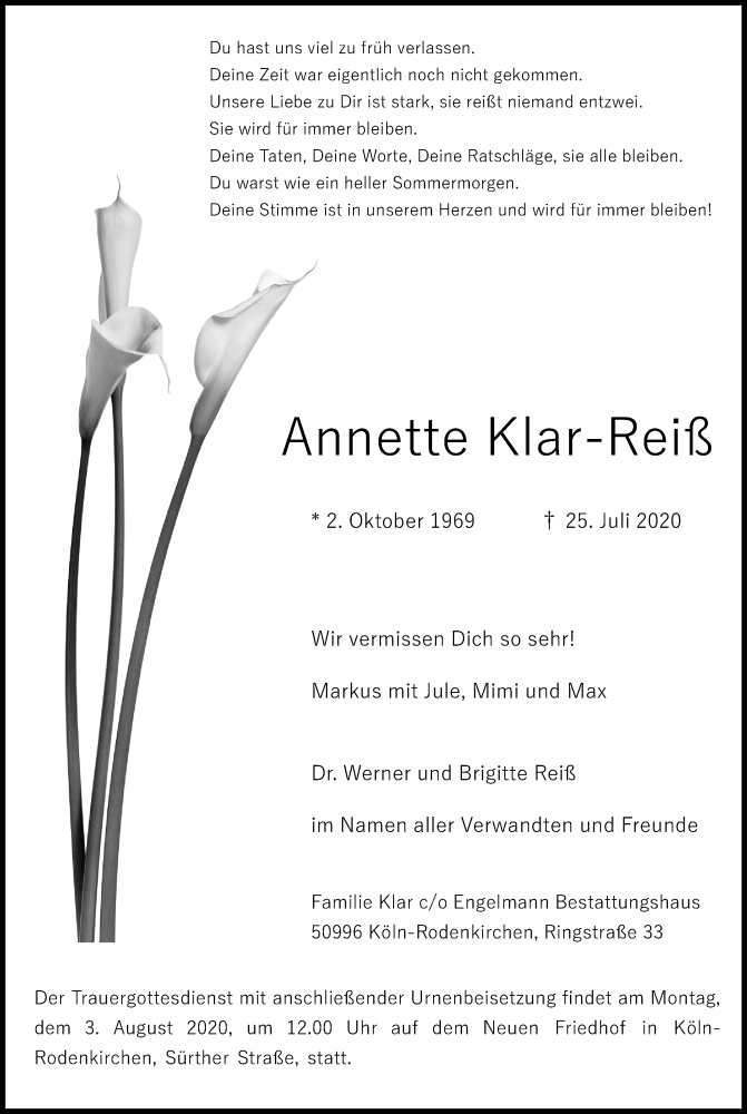  Traueranzeige für Annette Klar-Reiß vom 01.08.2020 aus Kölner Stadt-Anzeiger / Kölnische Rundschau / Express