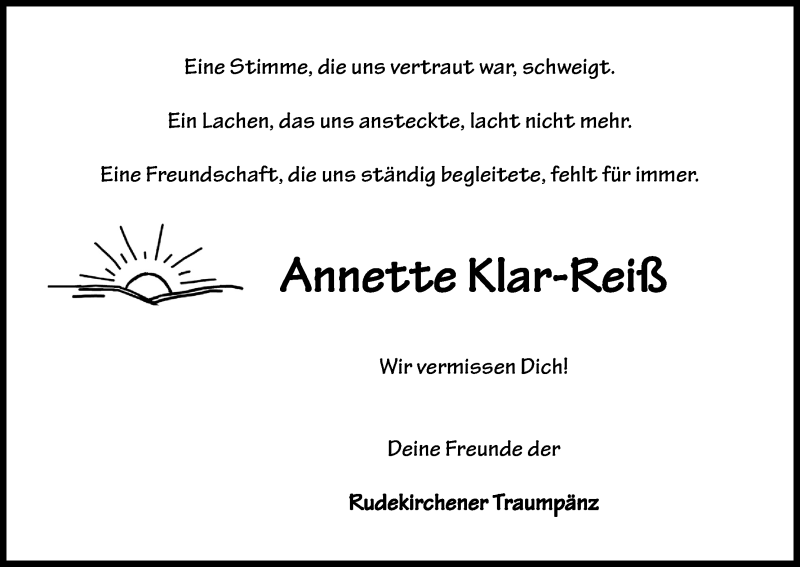  Traueranzeige für Annette Klar-Reiß vom 01.08.2020 aus Kölner Stadt-Anzeiger / Kölnische Rundschau / Express