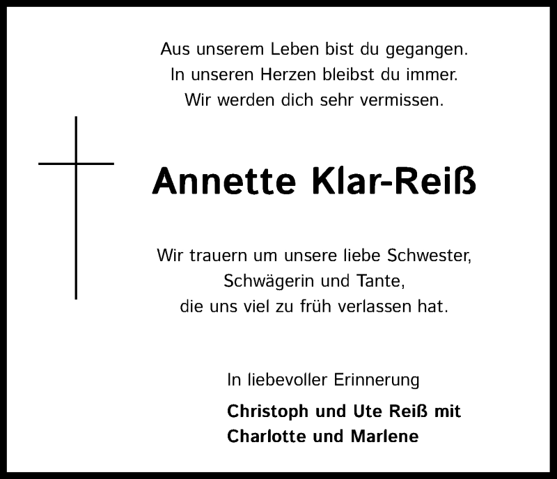  Traueranzeige für Annette Klar-Reiß vom 01.08.2020 aus Kölner Stadt-Anzeiger / Kölnische Rundschau / Express