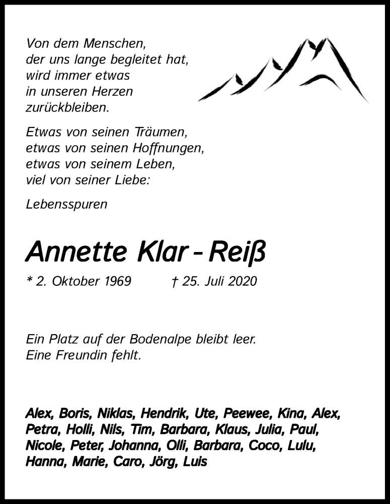  Traueranzeige für Annette Klar-Reiß vom 01.08.2020 aus Kölner Stadt-Anzeiger / Kölnische Rundschau / Express