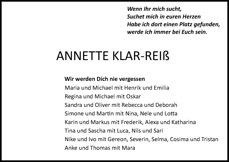  Traueranzeige für Annette Klar-Reiß vom 01.08.2020 aus Kölner Stadt-Anzeiger / Kölnische Rundschau / Express
