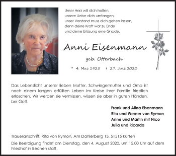 Anzeige von Anni Eisenmann von Kölner Stadt-Anzeiger / Kölnische Rundschau / Express