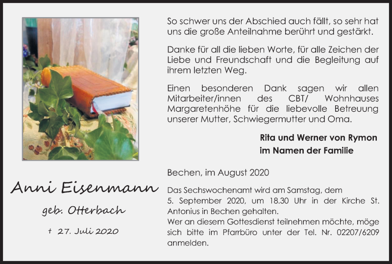  Traueranzeige für Anni Eisenmann vom 29.08.2020 aus Kölner Stadt-Anzeiger / Kölnische Rundschau / Express