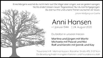 Anzeige von Anni Hansen von Kölner Stadt-Anzeiger / Kölnische Rundschau / Express