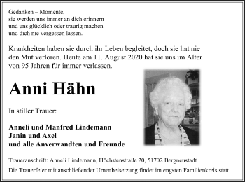 Anzeige von Anni Hähn von Kölner Stadt-Anzeiger / Kölnische Rundschau / Express