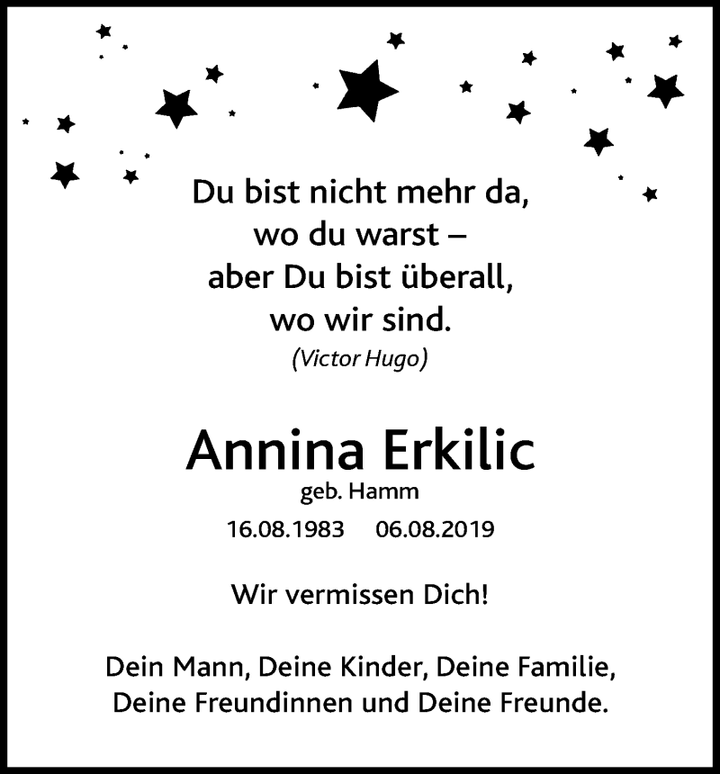  Traueranzeige für Annina Erkilic vom 06.08.2020 aus Kölner Stadt-Anzeiger / Kölnische Rundschau / Express