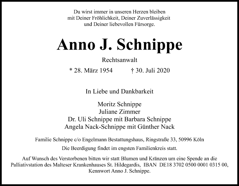  Traueranzeige für Anno J. Schnippe vom 08.08.2020 aus Kölner Stadt-Anzeiger / Kölnische Rundschau / Express