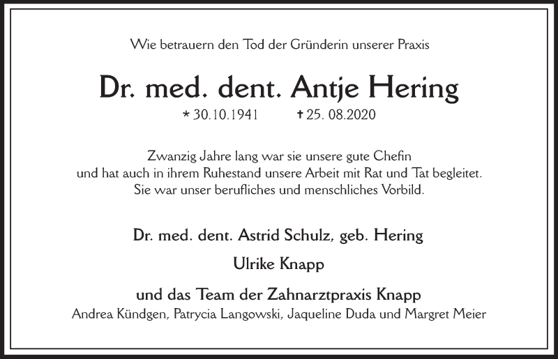  Traueranzeige für Antje Hering vom 29.08.2020 aus  Blickpunkt Euskirchen 