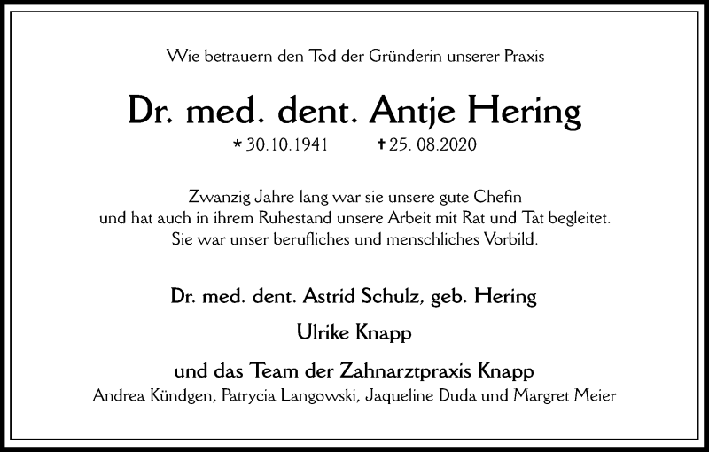  Traueranzeige für Antje Hering vom 29.08.2020 aus Kölner Stadt-Anzeiger / Kölnische Rundschau / Express