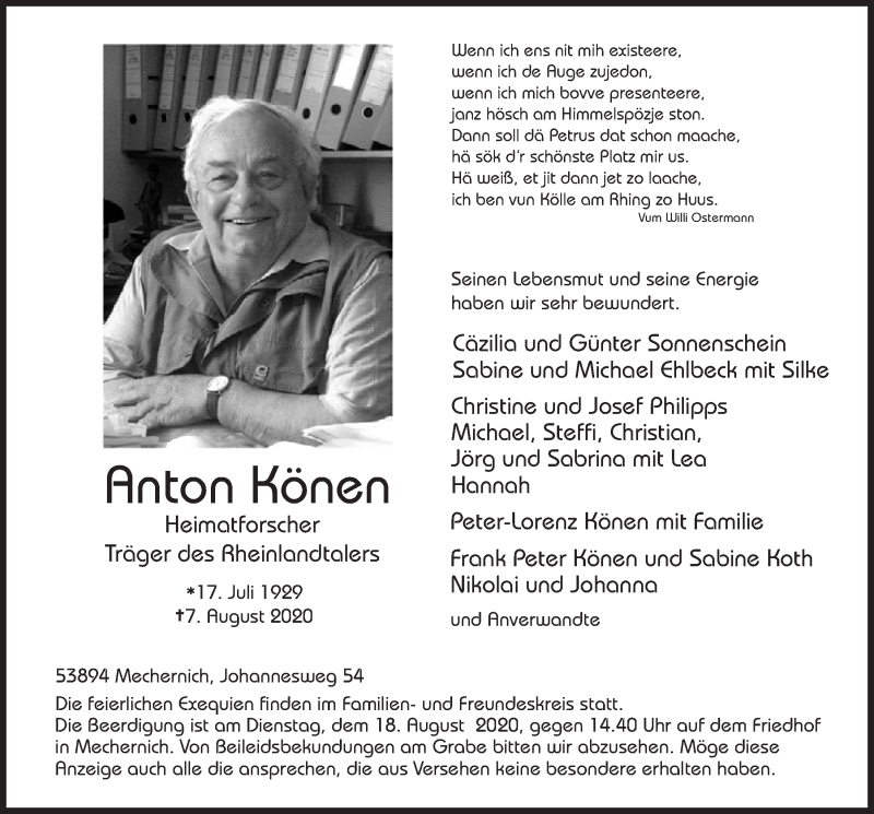  Traueranzeige für Anton Könen vom 15.08.2020 aus  Blickpunkt Euskirchen 