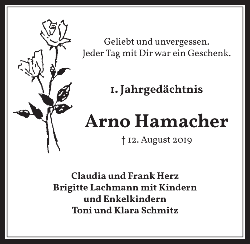  Traueranzeige für Arno Hamacher vom 07.08.2020 aus  Wochenende 