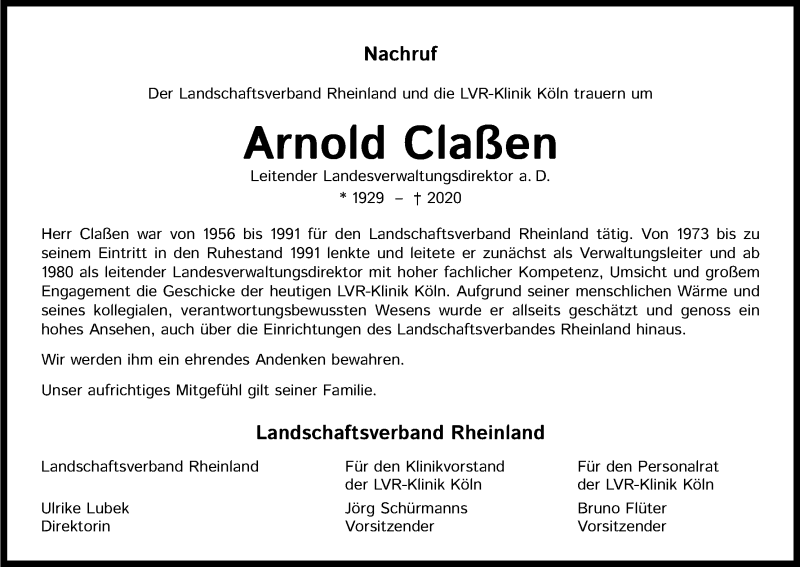  Traueranzeige für Arnold Claßen vom 08.08.2020 aus Kölner Stadt-Anzeiger / Kölnische Rundschau / Express