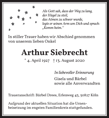 Anzeige von Arthur Siebrecht von  Wochenende 