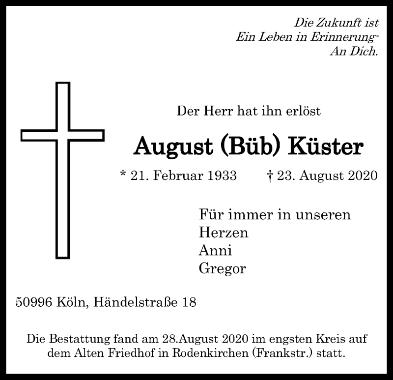  Traueranzeige für August Küster vom 29.08.2020 aus Kölner Stadt-Anzeiger / Kölnische Rundschau / Express