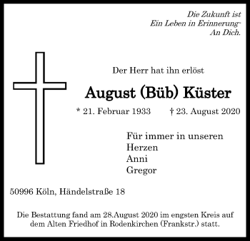 Anzeige von August Küster von Kölner Stadt-Anzeiger / Kölnische Rundschau / Express
